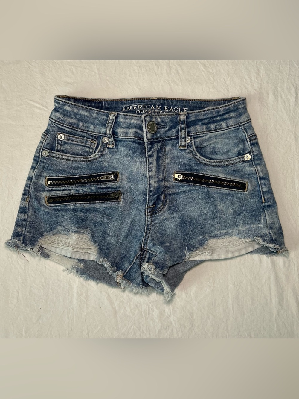 American Eagle Hi-Rise Shortie Denim Shorts Distressed Moto Zipper Sz 0